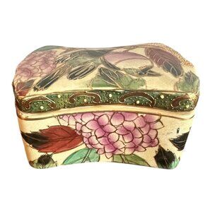 Chinese Porcelain Trinket Box 5"x3"x2.5" Pink Flowers & Birds Gold Trim Lacquer